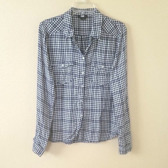 PAIGE Womens Mya Navy Gingham Plaid Shirt - Size Medium - Picture 1 of 6